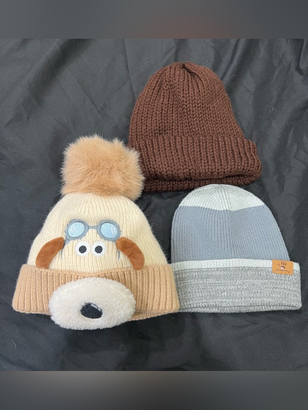 BearPaw Kids 3-Pack Beanie Set - Cream, Brown & Light Gray
